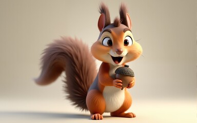 3D Realistic Surprised Squirrel Holding Acorn CGI Render. High quality
