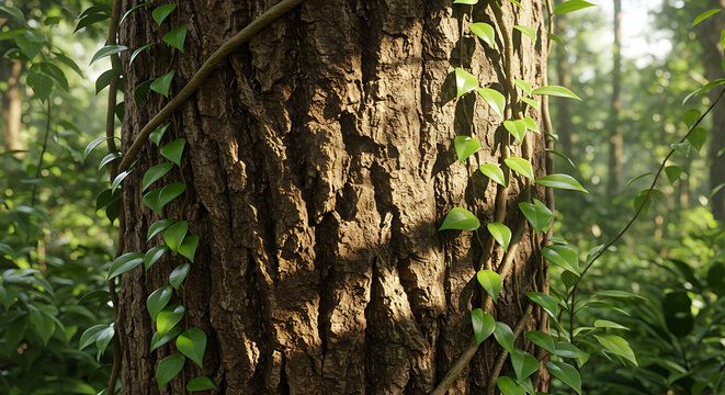 Close Up Of Tree Bark With Green Vines Twining Around The Trunk