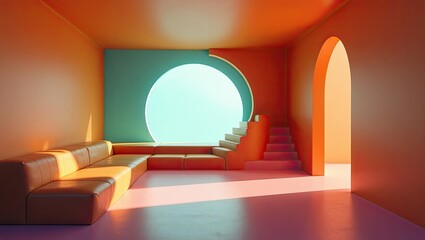 Colorful interior design with vibrant hues and geometric shapes.
