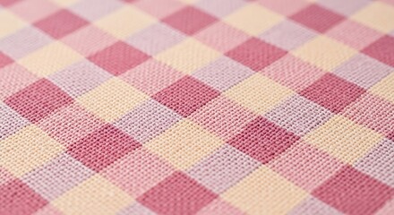 Macro shot of pink and beige checkered textile fabric texture with diamond pattern creating a warm...