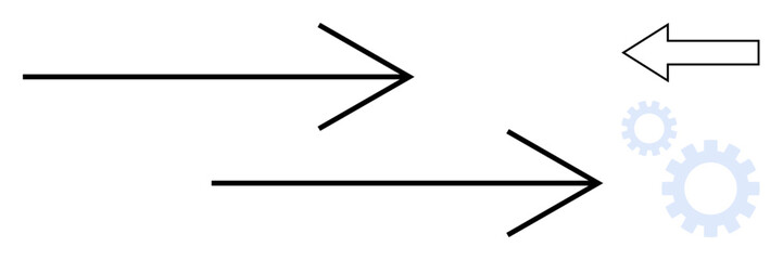 Two right-pointing arrows and one left-pointing arrow suggest opposition and direction with faint gears for process. Ideal for navigation, teamwork, opposition, workflow, decision-making, change