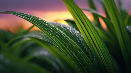 Fototapeta premium Close up of green grass blades with dew drops against a soft sunset sky