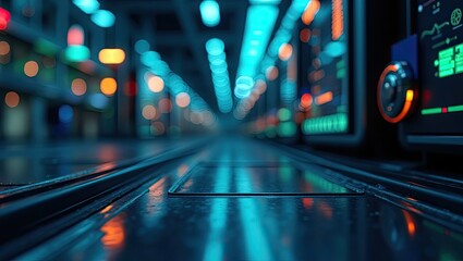 Futuristic technology corridor with vibrant city lights.