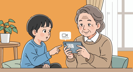 Boy points at smartphone held by older woman video call icon above screen indoors