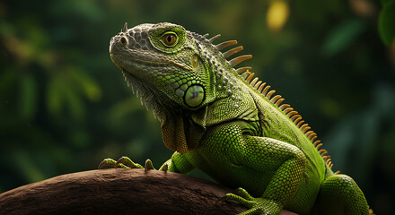 Vibrant Green Iguana Resting on Brown Tree Branch Surrounded by Lush Foliage