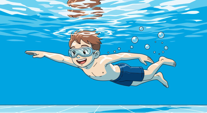 Cartoon of a boy swimming underwater in a pool wearing goggles and blue trunks