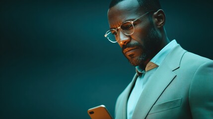 Professional business portrait of confident male executive wearing glasses using smartphone in modern office environment emphasizing leadership
