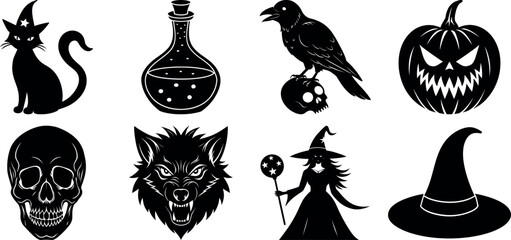 Set of halloween silhouettes black icon and character. witch, creepy and spooky elements for halloween decorations, sticker. Vectors on isolated background.