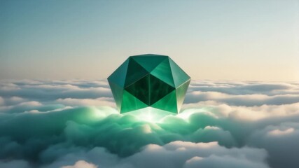 Field of fluffy clouds at sunrise with descending green geometric solid - Powered by Adobe
