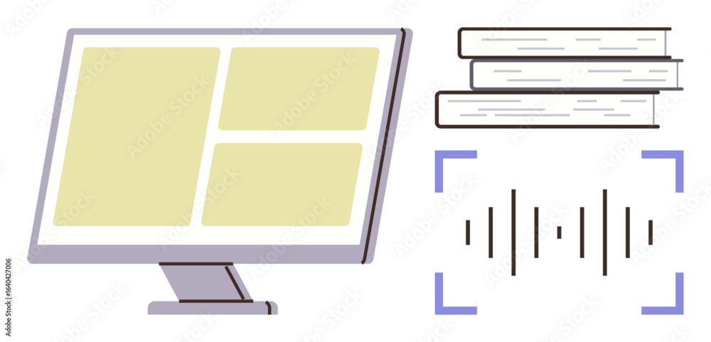 Poster computer monitor with grid layout, stacked books, and sound waves suggesting multimedia learning. id