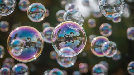 Macro Photography of Shiny Colorful Soap Bubbles with Light Reflection: Fun and Playful Decorative Outdoor Nature Image