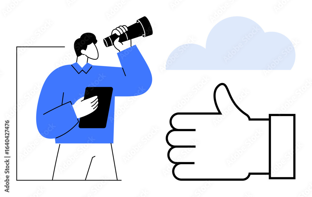 Poster man using telescope while holding a tablet, exploring ideas and opportunities with a focus on succes