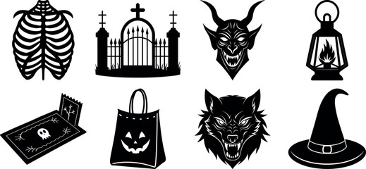 Set of halloween silhouettes black icon and character. witch, creepy and spooky elements for halloween decorations, sticker. Vectors on isolated background.
