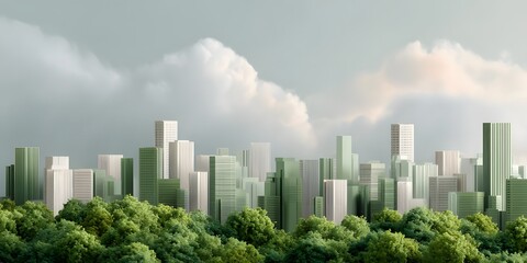 Obraz premium Mid-century modern cityscape merging with nature showcases green buildings under a cloudy sky, a seamless design inspi thoughts of a future city model.