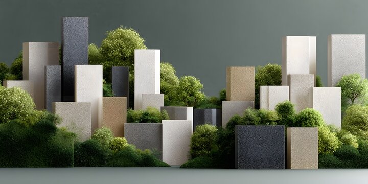 A seamless mid-century future city inspired by nature showcases architectural buildings harmoniously intertwined with lush greenery and natural elements.