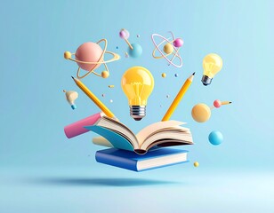 Creative Education Concept with Books, Light Bulb, and Science Elements