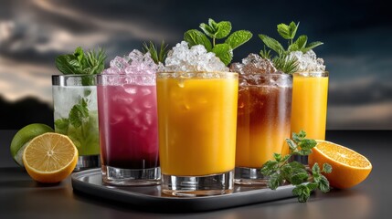 Vibrant colorful cocktails featuring fresh fruit juice ice cubes citrus fruits mint leaves and attractive presentation perfect for summer refreshment