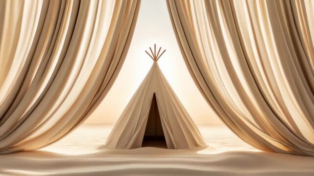 Desert sunrise with curtains revealing teepee