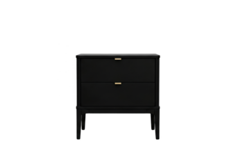 Modern black two drawer nightstand with sleek silver handles isolated on transparent background