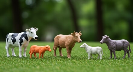 Obraz premium 緑の草原で遊ぶ可愛い子牛と牛のミニチュア模型 陽光輝く牧場風写真. AI Generated