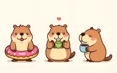 Cute capybara cartoon character set - chubby rodent with donut inflatable ring, adorable animal holding tiny frog friends, sleepy creature enjoying morning coffee. Kawaii funny mascot stickers.