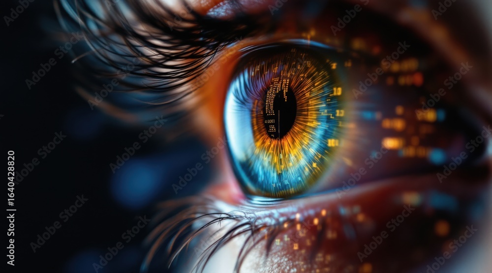 Poster ai driven payment solution concept close-up of an eye with digital elements reflecting in the iris.