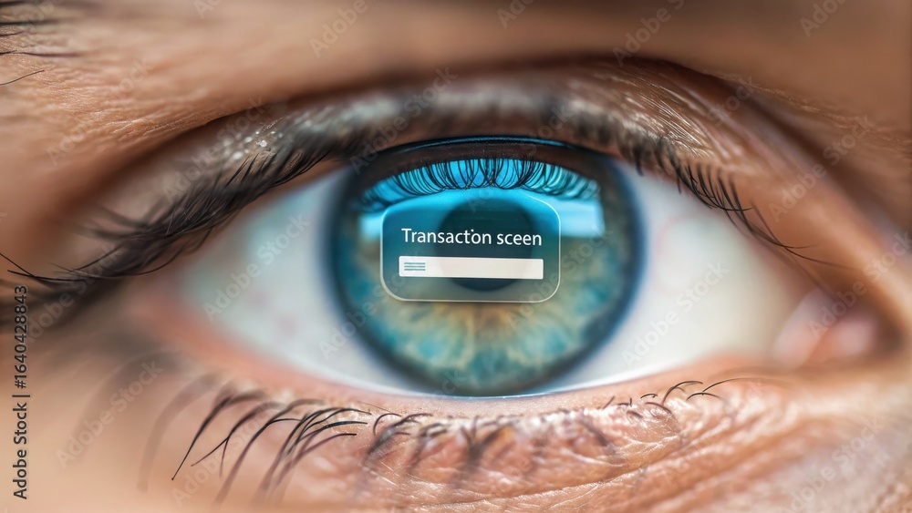 Poster ai driven payment solution concept close-up of an eye reflecting a digital transaction screen, symbo