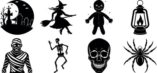 Set of halloween silhouettes black icon and character. witch, creepy and spooky elements for halloween decorations, sticker. Vectors on isolated background.