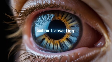 AI driven payment solution concept An eye features a digital message to confirm a transaction, blending technology and human elements.