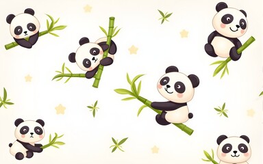 Vector set for printing on children's products. Cute panda with bamboo branch, printable print and seamless vector pattern . Vector illustration. High quality