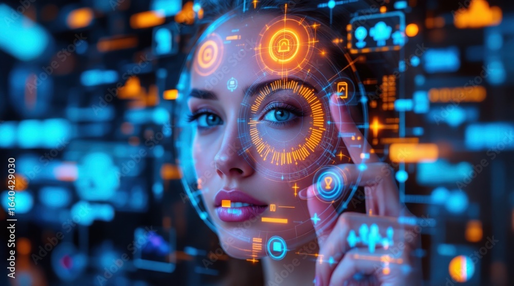 Poster ai driven payment solution concept a woman interacts with futuristic digital interface elements arou
