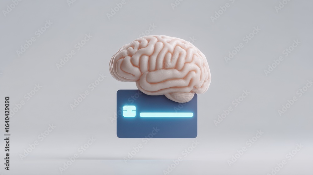 Poster ai driven payment solution concept brain model above a credit card symbolizes financial intelligence