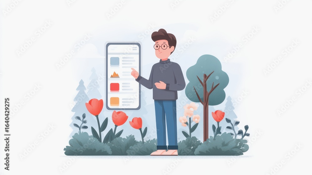 Poster ai driven payment solution concept a person interacts with a smartphone surrounded by vibrant flower