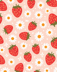 Seamless Pattern of Strawberries and Daisies on a Pastel Pink Background Cute and Whimsical Design for Fabric and Wallpaper Perfect for Summer Projects