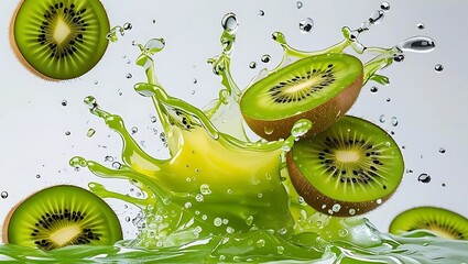 High-speed photography of fresh kiwi juice splashing in mid-air, bright green-yellow color, kiwi slices with seeds, clear water droplets, isolated on white background, realistic texture, frozen motion