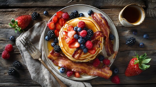 Stack of golden pancakes topped with fresh berries and crispy bacon.