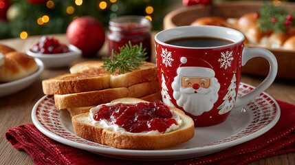 Christmas breakfast set with smiling toast, jam, coffee cup in Santa style,