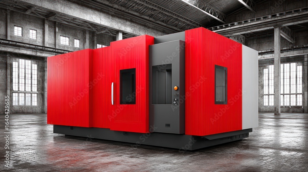 Poster large industrial machine with red and gray panels situated inside a spacious empty factory building