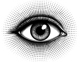 Monochromatic eye artwork featuring detailed engraving style and halftone effect