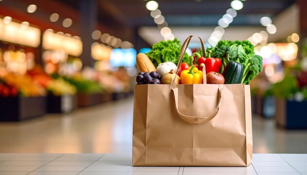 A paper bag filled with fresh produce sits on a counter in a supermarket