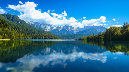 Breathtaking view of a mountain range with a spruce forest on a sunny day.