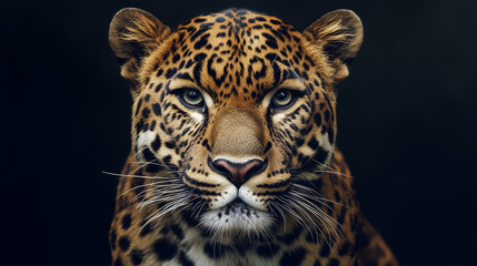 Obraz premium leopard on a black background. portrait of leopard with intense eyes.