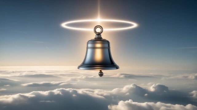Metallic bell descending with circular halo above cumulus clouds