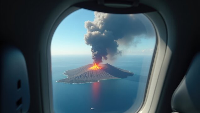 Fototapeta Volcanic eruption seen from an airplane window.