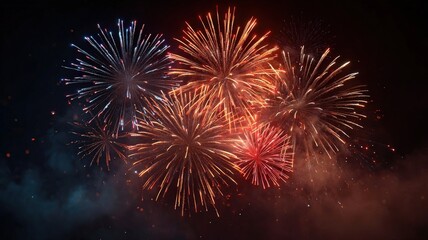 isolated multicolored fireworks grand finale bursting in dark sky, cinematic glow, seamless looping motion, high contrast, vibrant particles, celebration atmosphere
