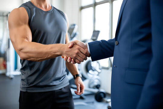 Muscular man in gym shakes hands with businessman in suit