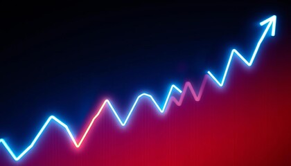 Abstract zigzag neon line graph illustrating fluctuating financial data over time, vibrant, price