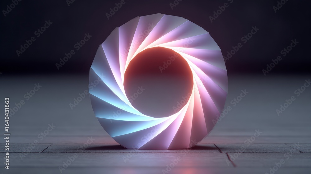 Poster abstract geometric shape with swirling light patterns and neon glow circular