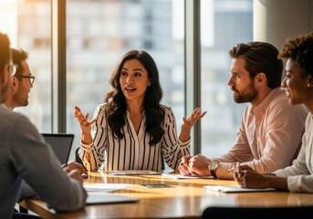 Diverse team collaborating in a modern office meeting room