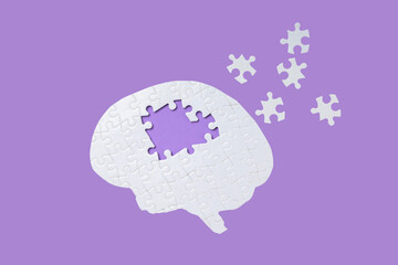 Pieces of a brain shaped puzzle are missing and scattered nearby